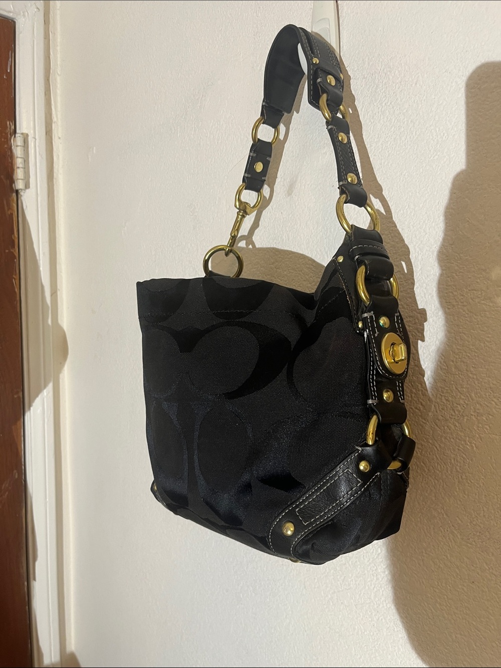 Coach Black Signature Jacquard Hobo with Brass Accents